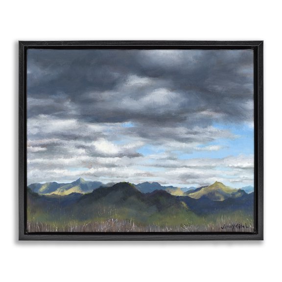 Stupell Industries Rustic Lodge Overhanging Clouds Rural Mountain Range Peaks Landscape Black Floating Frame Canvas Art, 21 x 17, by Jen Eitel