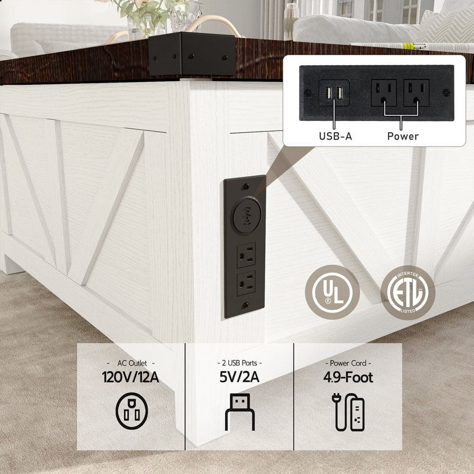 35.6" Farmhouse Lift Top Coffee Table with Charging Ports,Large Square Coffee Table with Storage, Wood Center Table w/Large Hidden Space for Living Room Home Office,White Brown