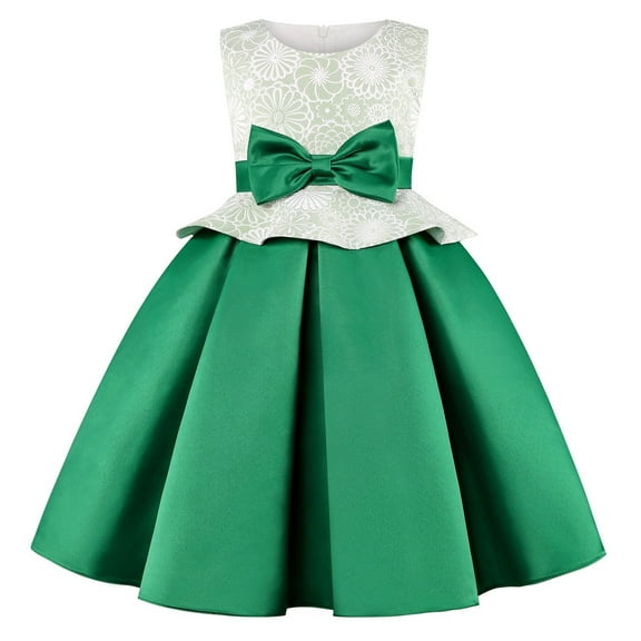 Otqutp Holiday Dresses for Flower Girls Child Girls Sleeveless Pageant Dress Birthday Party Kids Floral Prints Bowknot Gown Dress A Line Little Girls Dress(Green,2-3 Years)