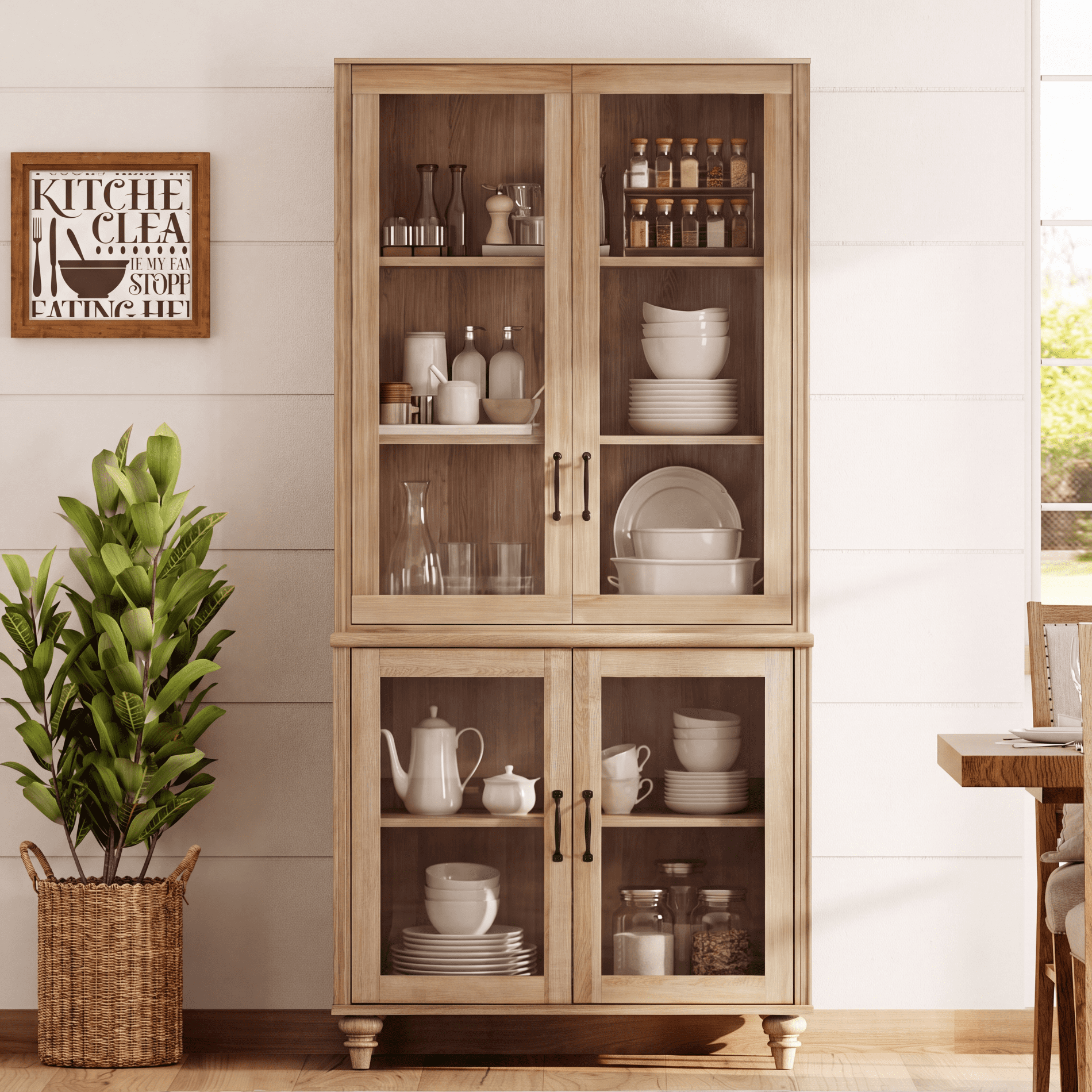 Oak 5-Tier Bookcase with Glass Doors and Adjustable Shelf, Farmhouse Library Wooden Bookshelves for Living Room, Office, Kitchen
