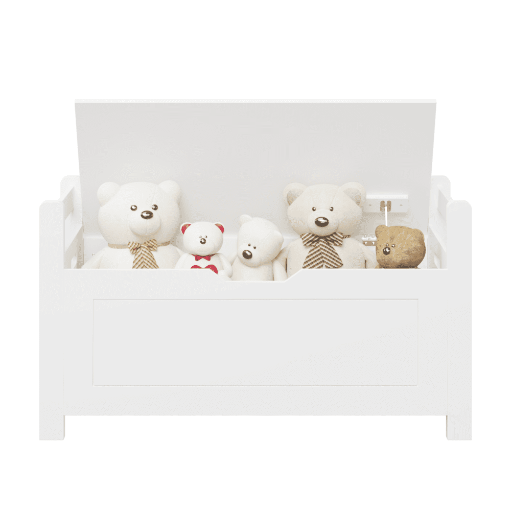 Hassch 35" Storage Bench with Seat Cushion, Wooden Toy Box Storage Trunk with Flip-Top Lid and Safety Hinges, for Entryway, Living Room, Bedroom, White