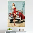 thumbnail image 1 of Pin up Girl Tapestry, Short Dutch Haircut Style Brunette Lady Standing in Front of a Vintage Car, Fabric Wall Hanging Decor for Bedroom Living Room Dorm, 5 Sizes, Multicolor, by Ambesonne, 1 of 1