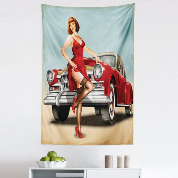 Pin up Girl Tapestry, Short Dutch Haircut Style Brunette Lady Standing in Front of a Vintage Car, Fabric Wall Hanging Decor for Bedroom Living Room Dorm, 5 Sizes, Multicolor, by Ambesonne