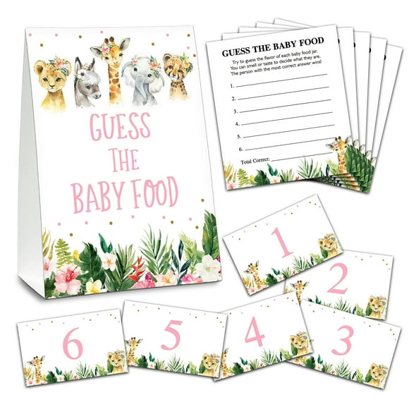 Jungle Adventure Baby Food Guessing Game Set with Standing Sign, 20 Answer Cards, and 6 Number Cards for Fun Baby Shower Activities and Decorations