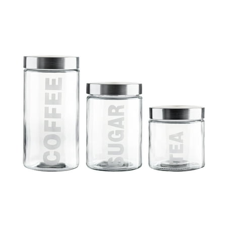 Clear Glass Storage Container Jar with Screw on Lid Set of 3 Printing Coffee Sugar and Tea