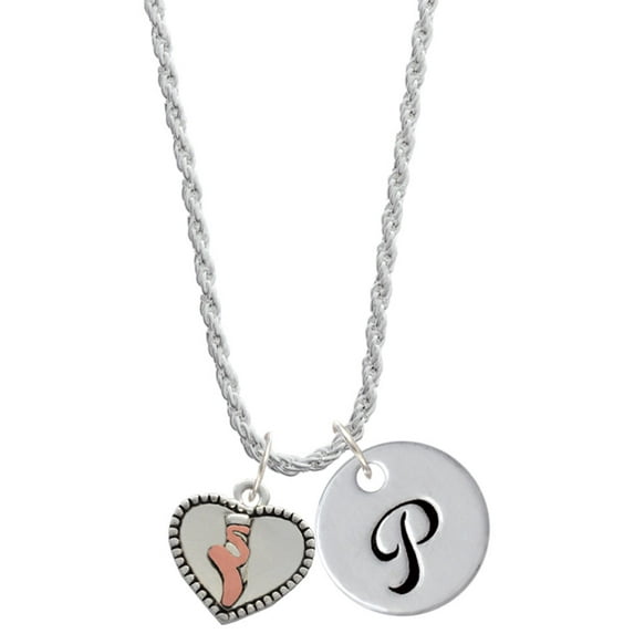 Delight Jewelry Silvertone Ballet Shoe in Heart Silvertone Script Initial Disc - P - Charm Necklace, 20"+3"