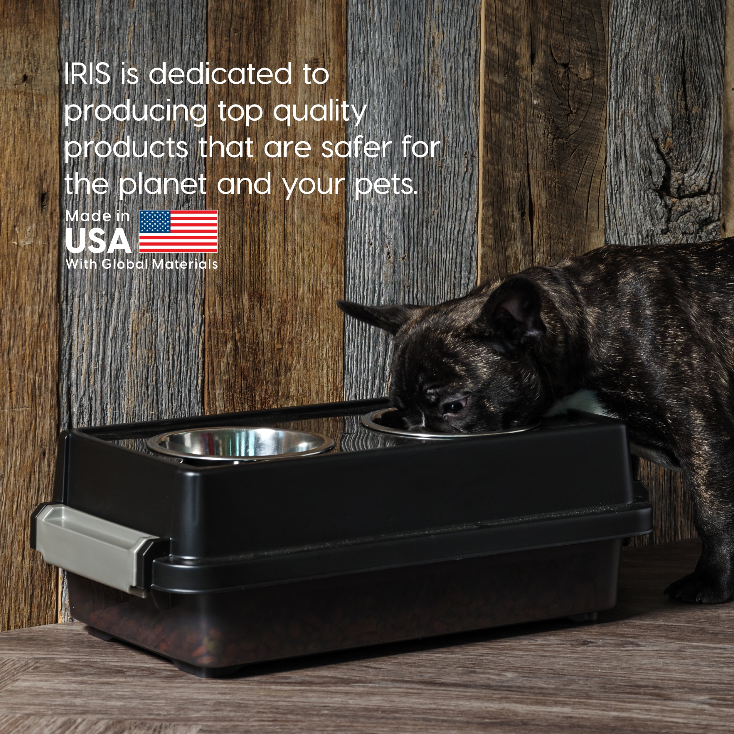 IRIS USA 2-in-1 Elevated Dog Bowls 6" H with Airtight Pet Food Storage Container 5 Lbs, Smoke/Black