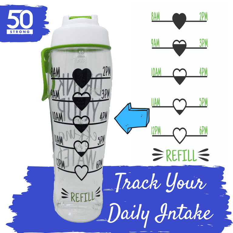 50 Strong BPA Free Reusable Water Bottle with Time Marker - 30 oz. Motivational Fitness Bottles - Hours Marked - Drink More Water Daily - Tracker
