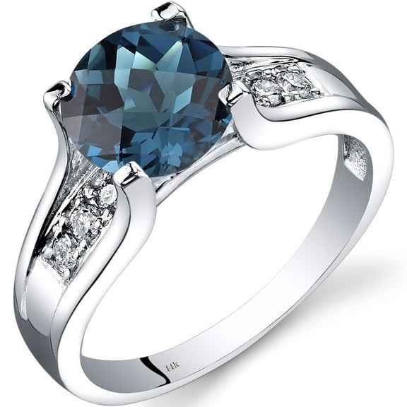 PEORA London Blue Topaz and Diamond Ring in 14K White Gold, 2.25 Carats total, Cathedral Design, Round Shape Solitaire Engagement, Round Shape, 8mm, Comfort Fit, Size 9