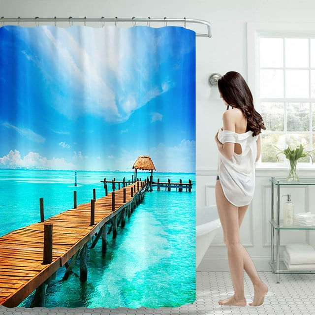 Hbdhejl Ocean Beach Print Shower Curtain 70X70 Inch With 12 Plastic Hooks Waterproof Shower Curtain Bathroom Heavy Side Shower Curtain Machine Washable Quick Dry