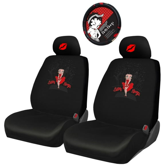 Yupbizauto New Betty Boop Skyline Car Seat Covers | Low Back Front Seat Covers & Steering Wheel Cover | Embroidered Red Lip Design & Headrest Covers | Perfect Accessory for Stylish Vehicle Makeover