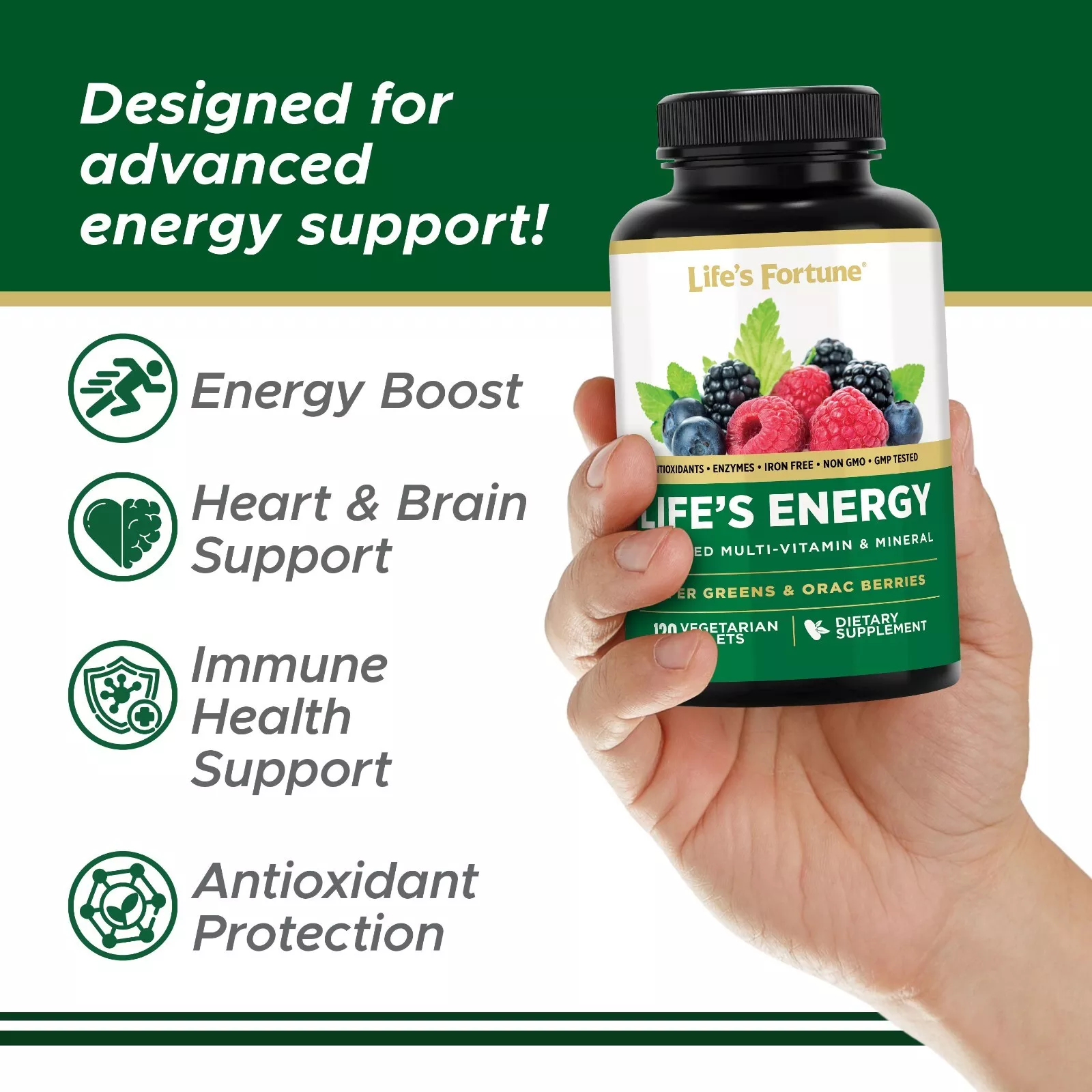 Life's Fortune Life's Energy Advanced Multi-Vitamin and Mineral Non-GMO - Super Greens - ORAC Berries - Antioxidants - Enzymes - Iron Free - GMP Tested, 120 Veggie Tablets