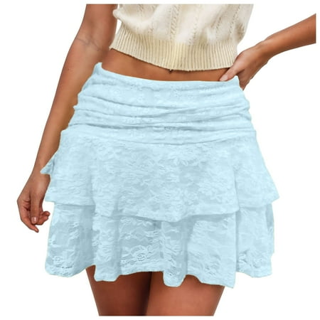 White Ruffle Skirt Yellow Ruffle Skirt Women Floral Lace Slip Skirts Low Waist Ruffle Layered Pleated Mini Skirts Y2K Flowy Tiered Short Skirt Blue L