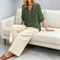 thumbnail image 5 of Linen Sets for Women 2 Piece 2026 Summer Plus Size 3/4 Sleeve Embroidered Tops Wide Leg Pants Casual Boho Beach Cute Outfits, 5 of 5