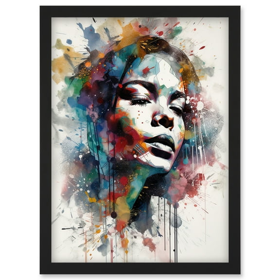 Woman with Synesthesia Listening to Music Modern Paint Splatter Painting Artwork Framed Wall Art Print A4