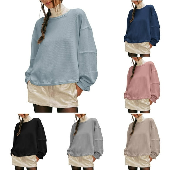 breaise Women Sweatshirt Casual Long Sleeve Cropped Shirt Oversize Crewneck Solid Pullover Tee Spring Holiday T-Shirt Blue,S