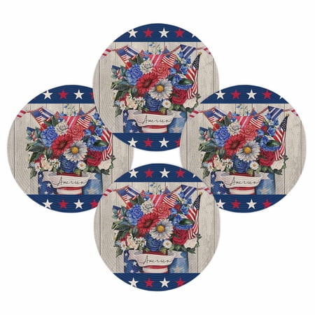 4th of July Round Placemats Set of 4 Patriotic Floral Place Mats Independence Day Woven Placemat Vintage American Flag Circle Braided Table Mat for Kitchen Dining Table Party Home Decor 15 Inch