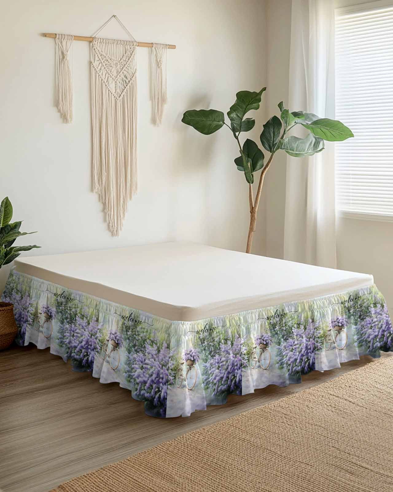 Purple Lavender Wrap Around Bed Skirts for Queen Bed 18" Drop,Bed Skirt with Adjustable Elastic Belt Dust Ruffle Bed Valance for Bedroom Hotel Green Leaves Spring Bike Botanical Bed Frame Cover