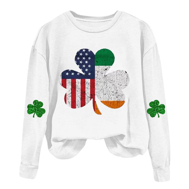 AherBiu Chandails en Molleton de la Saint-Patrick pour Femmes Col Rond Manches Longues Imprimé Trèfle Doublé en Polaire Vêtements de Printemps