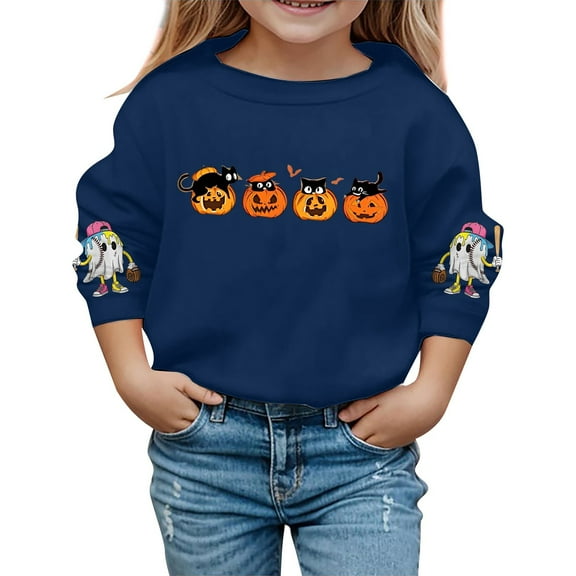 Tfken Halloween Children Girls Sweatshirt Crew Neck Long Sleeve Pumpkin Print Tops Comfortable Dark Blue Pullover Sweater Size 2-3 Years