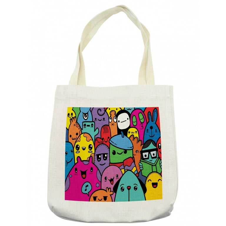 Indie Tote Bag Hand Drawn Colorful Doodle of Funny Crazy Monster Buddies Group Drawing Style Cloth Linen Reusable Bag for Shopping Books Beach and More 16.5 X 14