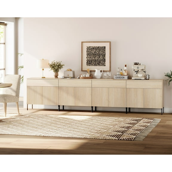 126" Wooden Reeded Sideboard with Doors and Drawers, 4-In-1 Modern Wide Credenza Storage Cabinet for Kitchen, Dining Room
