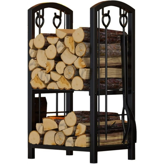 YANGLI Fireplace Firewood Log Rack 5-Piece Storage Set with Tool Holder, Black