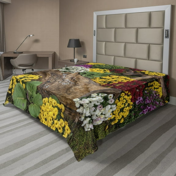 Colorful Flat Sheet, Nature Motifs Ornamented Composition of Chrysanthemum Flowers Image Art Print, Soft Comfortable Top Sheet Decorative Bedding 1 Piece, 6 Sizes, Multicolor, by Ambesonne