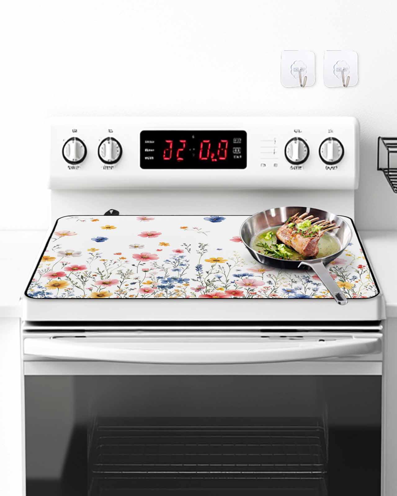 Stove Top Covers for Electric Stove, Blue Flowers Glass Stovetop Cover Protector, Pink Watercolor Botanical Garden Floral Induction Cooktop Protector Oven Mat for Kitchen Countertop 24"x21"