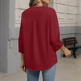 thumbnail image 4 of Button Down Shirts for Women 3/4 Sleeve Linen Cotton V Neck Tops Dressy Casual Loose Work Blouses Red M, 4 of 6