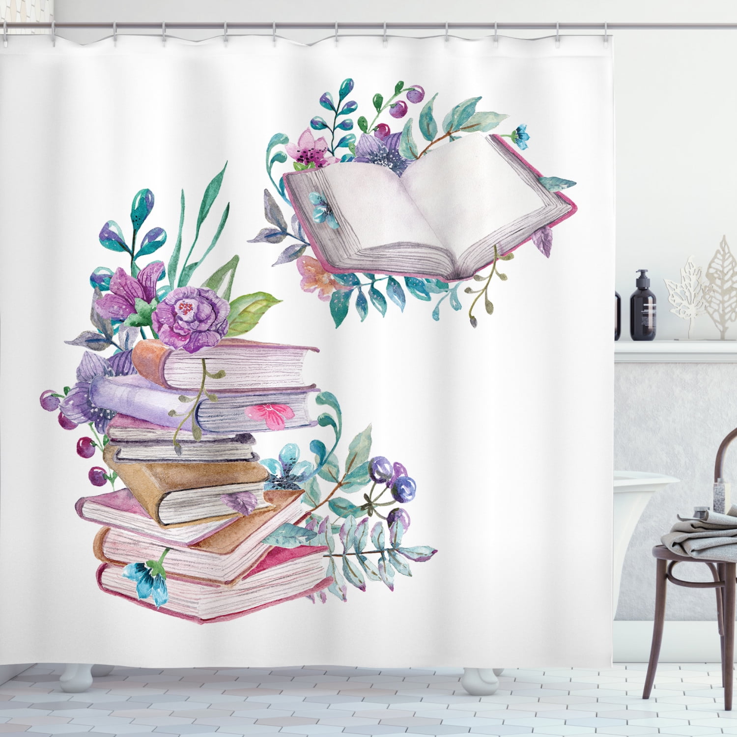Books Shower Curtain, Watercolor Style Bookworm Dry Flowers Romantic