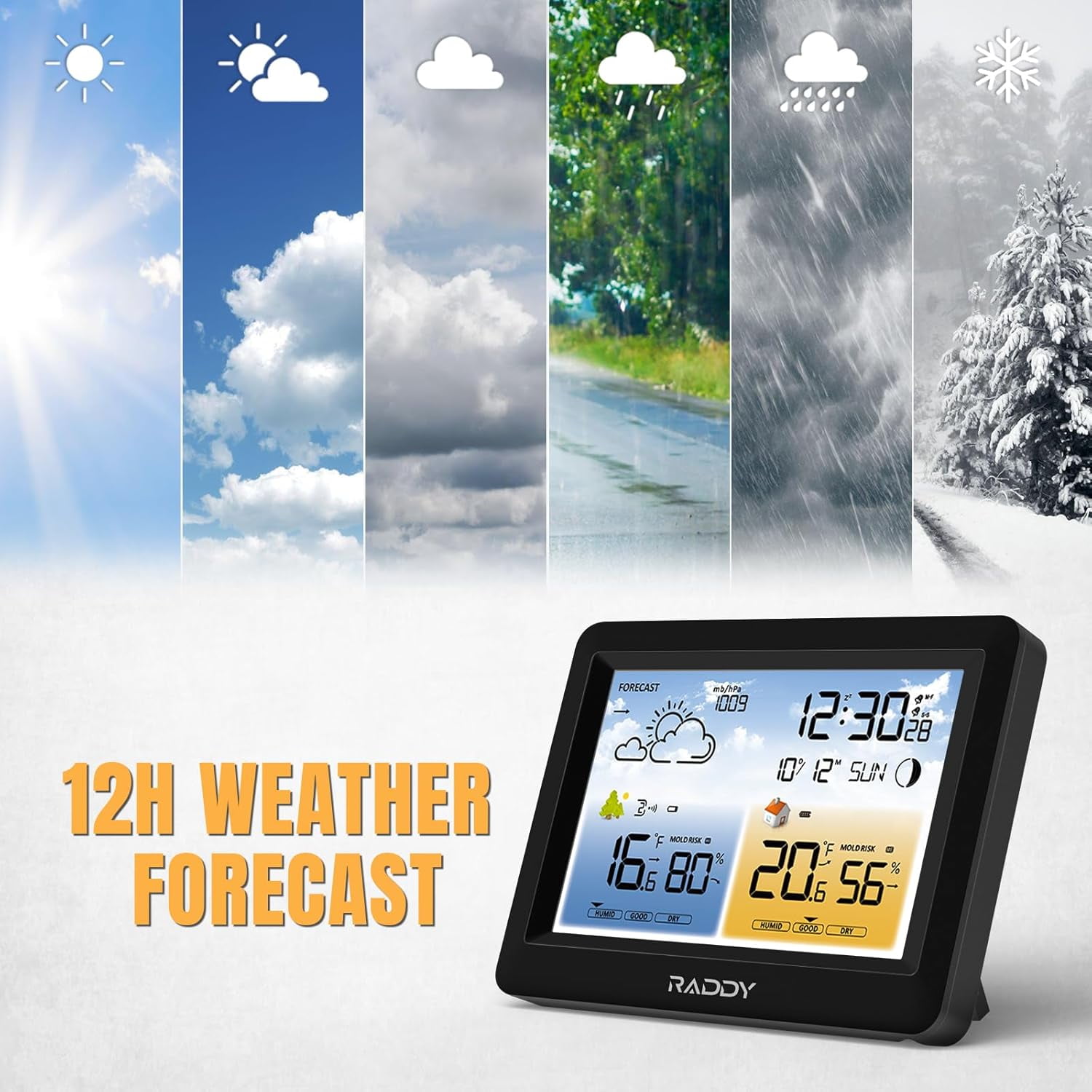Raddy WM6 Weather Station with 2000mAh Rechargeable Battery, Wireless Indoor Outdoor Thermometer Hygrometer Barometer with Atomic Clock Weather Forecast for Home Use, Black