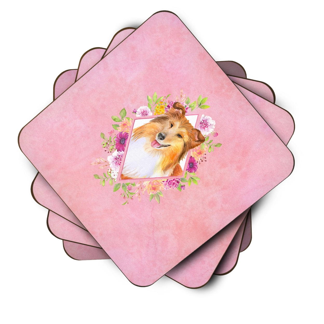 Carolines Treasures CK4182FC Sheltie Shetland Sheepdog Pink Flowers Foam Coaster Set of 4 3 1/2 x 3 1/2 multicolor