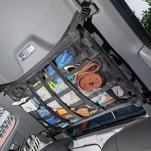 Car Ceiling  Net with 3 Pockets,31.5"x21.6" Car Overhead Storage Mesh Organizer,Double Layer Roof Mesh Camping Overlanding Gear Must Haves  Net,Road Trip Essentials