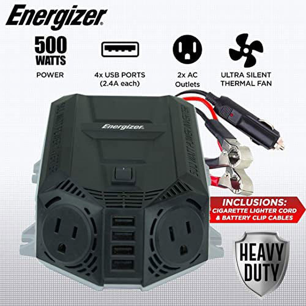 Energizer 500 Watt Modified Sine Wave Power Inverter, 12V to 110V Inverter  with Car Cigarette Lighter Plus 48W via Four 2.4A USB Ports  Two AC Outlets  UL Certified