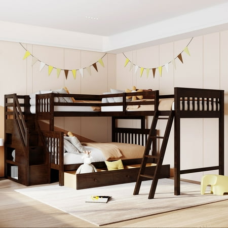 Triple Bunk Bed with 3 Storage Drawers for Kids Teens Adults  L-Shaped Corner Bunk Bed with Stairs  Twin Over Full Bunk Bed with Twin Size Loft Bed Attached  No Box Spring Needed  Espresso