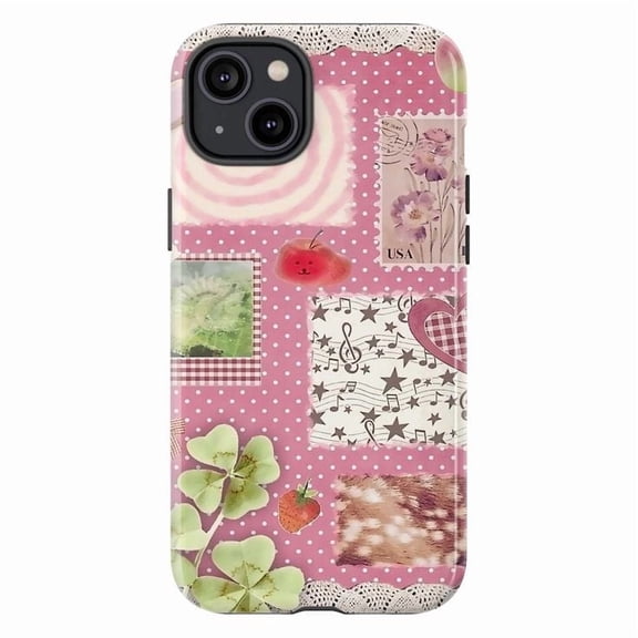Pink Collage Phone Case, Cute Floral Music Note Strawberry Vintage Aesthetic iPhone Cover for iPhone 17 16 15 14 13 12 11 Pro Plus Mini