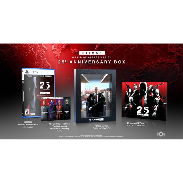 Hitman World of Assassination Anniversary Edition (PS5) includes the game case, Celebrity DLC cards for The Undying, The Drop, The Splitter, and The Banker, a Chess Master 3D shadowbox featuring Agent 47 seated with the ICA19 Silverballer pistol, and a 25 Years of Hitman lenticular card with multiple Agent 47 figures in black suits and red ties on a red background.