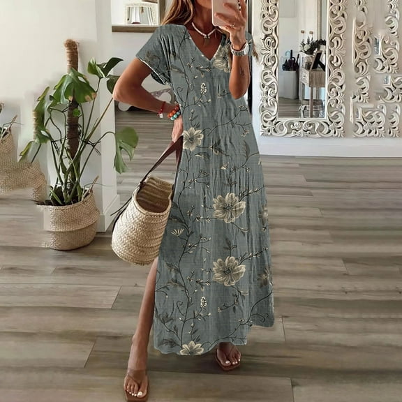 Taylonsss Womens Spring Summer V Neck Solid Color Slit Hem Casual Long Maxi Dress Beach Resort Outfit