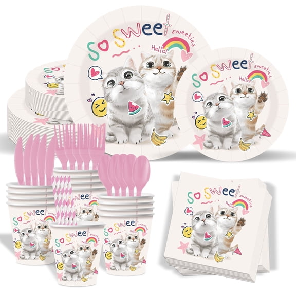 Cute Kitten Happy Birthday Party Tableware Set for 20, Disposable Dinnerware Kit with Plates, Cups, Napkins, Pink Cutlery & Straws, Cat Themed Kids Birthday Supplies