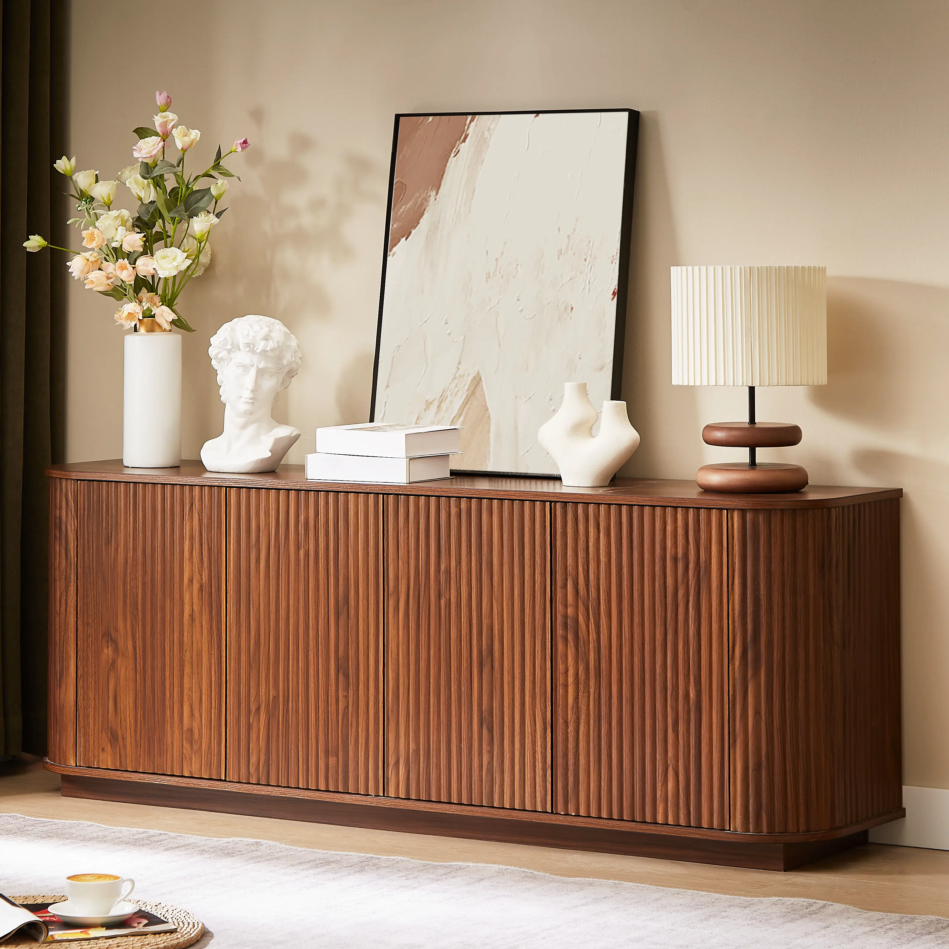 Aukfa TV Stand for TVs Up to 65", Striped Sideboard Storage Cabinet for Kitchen/Bedroom/Entryway,Walnut