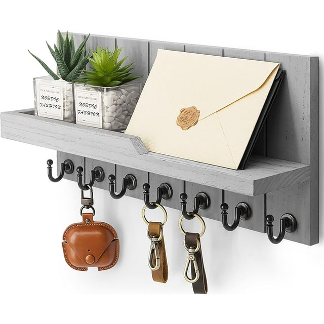 Key Holder for Wall - Farmhouse Rustic Mail Organizer Floating Shelf for Home Kitchen Entryway Decor with Sturdy Key Hooks (Retro )
