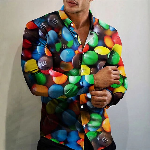Camisa de hombre con estampado de comida, solapa, color rosa, para exteriores, calle, manga larga, ropa estampada, diseñador de prendas de vestir, informal