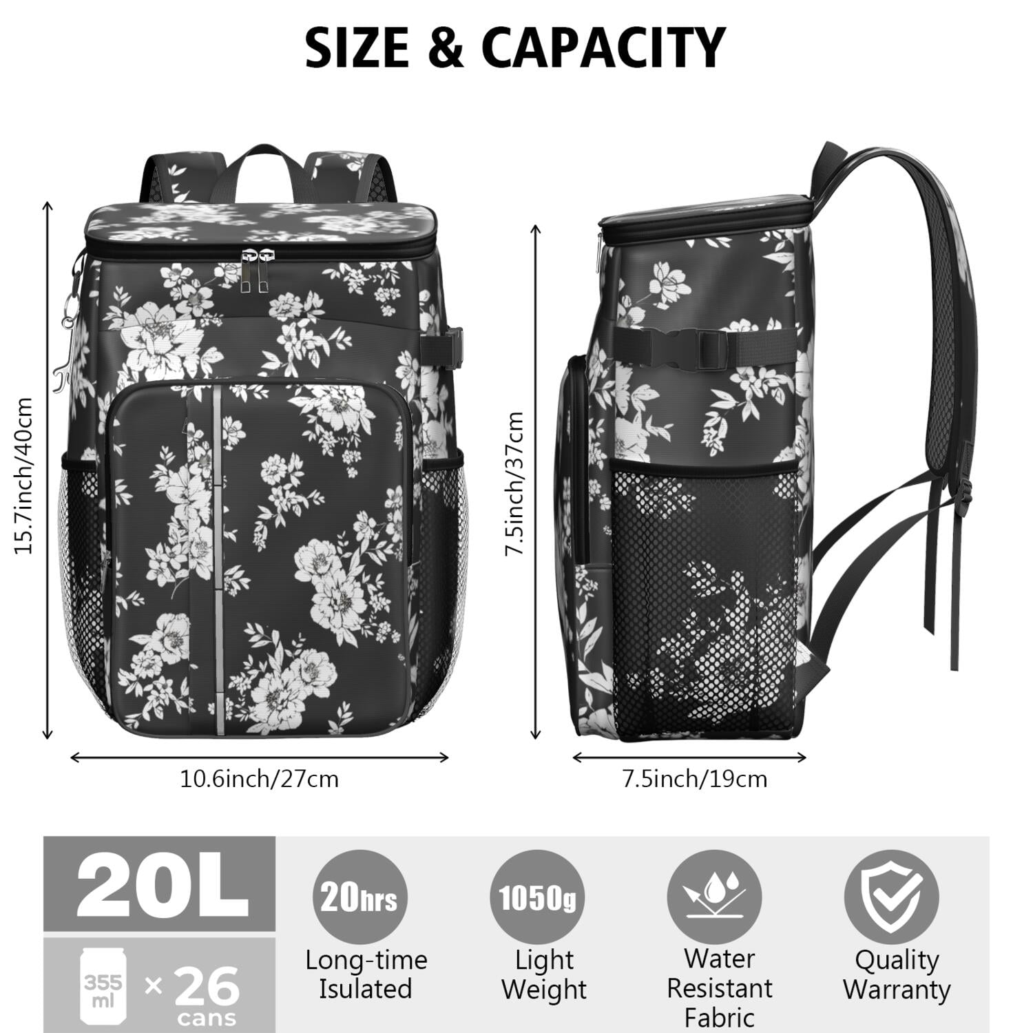Travel Cooler Bag - Pioneer Flower Floral Print Pattern Camping Beer Cooler Backpack with Bottle Opener- Waterproof Insulated Picnic Backpacks - Cooler Bag for Beach