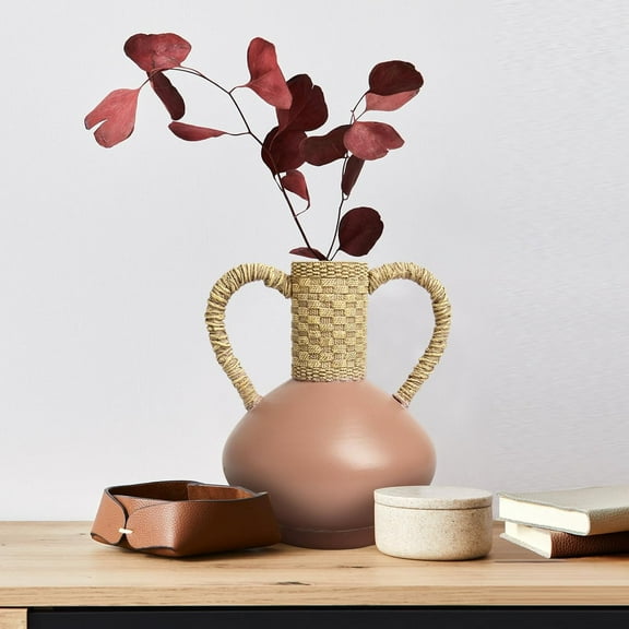 Terracotta Vase Decor with 2 Handles, Rustic Farmhouse Ceramic Flower Vase, Vintage Decorative Pottery Home Dining Table, Living Room, Shelf,Mantel, Kitchen,Office