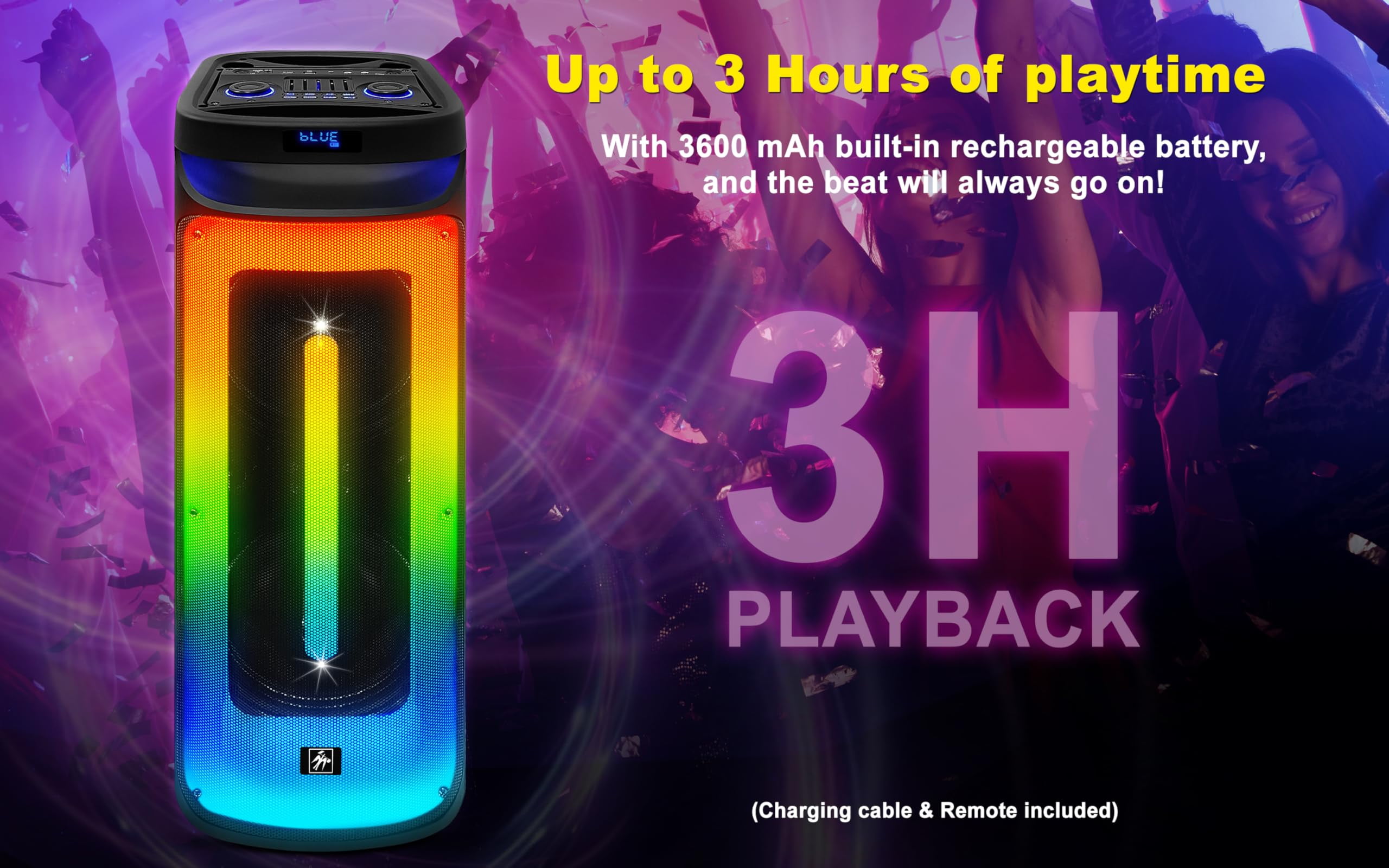 Fisher Portable Bluetooth Wireless Speaker System: Dual 10" Subwoofer 80W Peak Power Loud HD Deep Bass Sound|LED Lights|Rechargeable|Karaoke|Remote|TWS Pairing|USB Port|TF|AUX|FM Radio|2 MIC Input