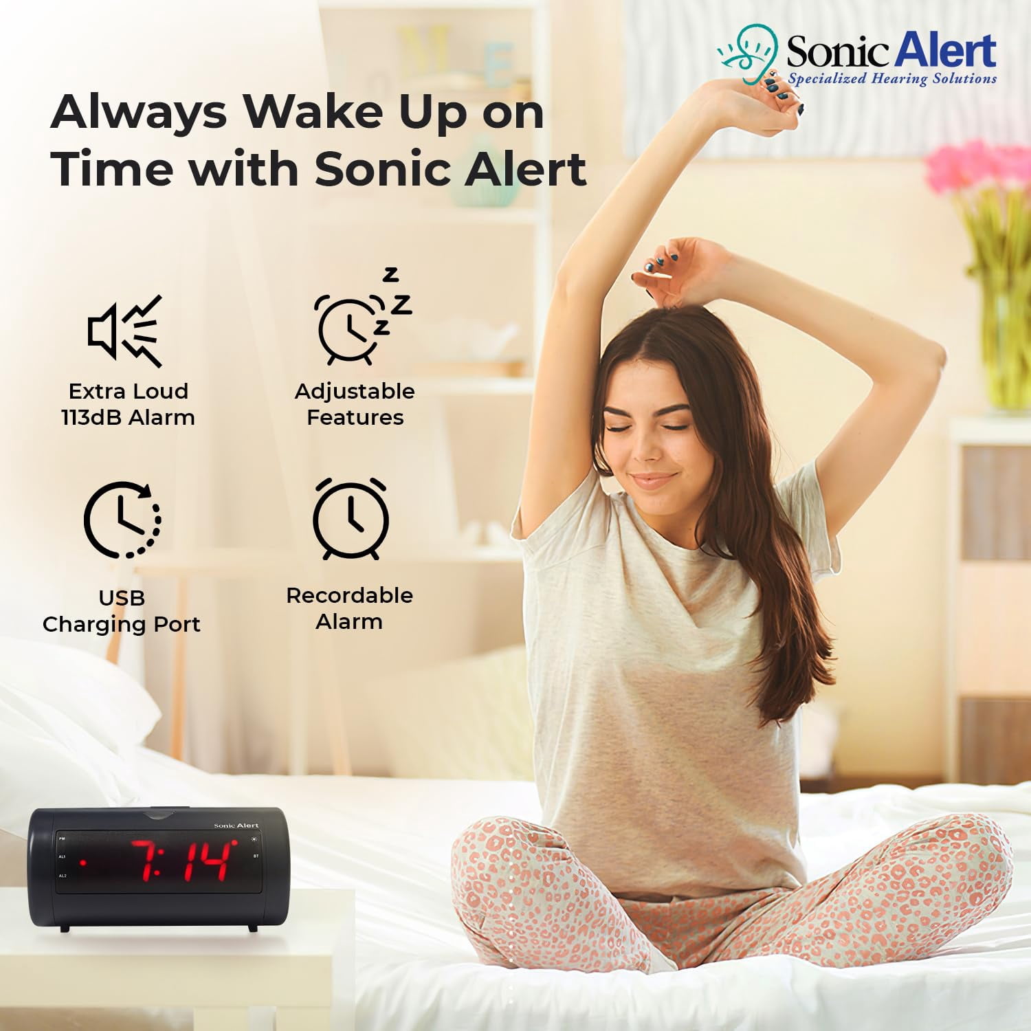 Sonic Alert - Sonic Blast Digital Alarm Clock With Bluetooth Speaker, AUX, USB Charging Port - Black