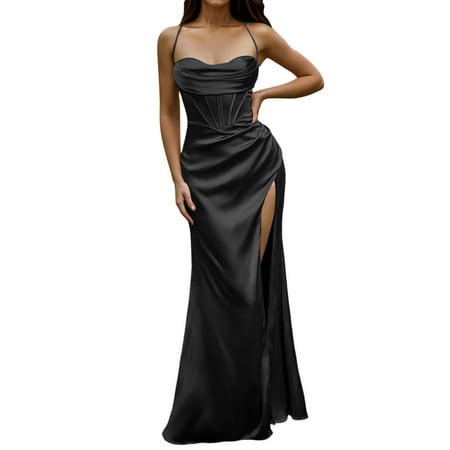 DVKOVI Dresses for Women Long Modest Dresses for Women Women Sexy Satin Corset Maxi Dress Silky Strap Push Up Fishbone Ruched Evening Party Long Dresses Black M