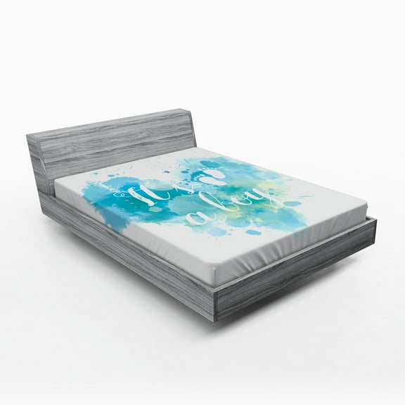 Gender Reveal Fitted Sheet, Its a Boy Words on Grunge Pastel Background with Brushstroke Effect, Soft Decorative Fabric Bedding, Queen Size, Turquoise and Blue, by Ambesonne