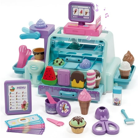Ice Cream Toys, Toddler Girl Toys, Ice Cream Counter Shop Playset with Scoop and Serve, Pretend Play Toys for 3 4 5 6 Year Old Girls Boys